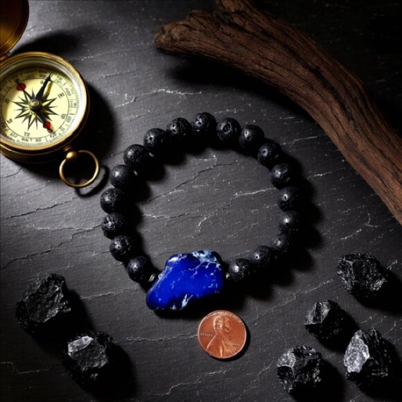 Blue Sea Sediment Jasper + Lava Beads Bracelet - Large Men's Bracelet 8.5" Wrist - Picture 2 of 11